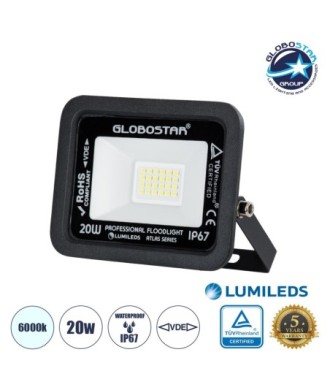 GLOBOSTAR® ATLAS 61410 Προβολέας LED 20W 2500lm 120° AC 220-240V Αδιάβροχο IP67 Ψυχρό Λευκό 6000K - Lumileds SMD Chip - TÜV Rheinland Certified - Μαύρο Ματ - Μ12 x Π2.5 x Υ9.5cm - 5 Χρόνια Εγγύηση